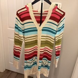 Poof Excellence Multi-Color Striped Hooded Longline Cardigan Grandmacore Med EUC